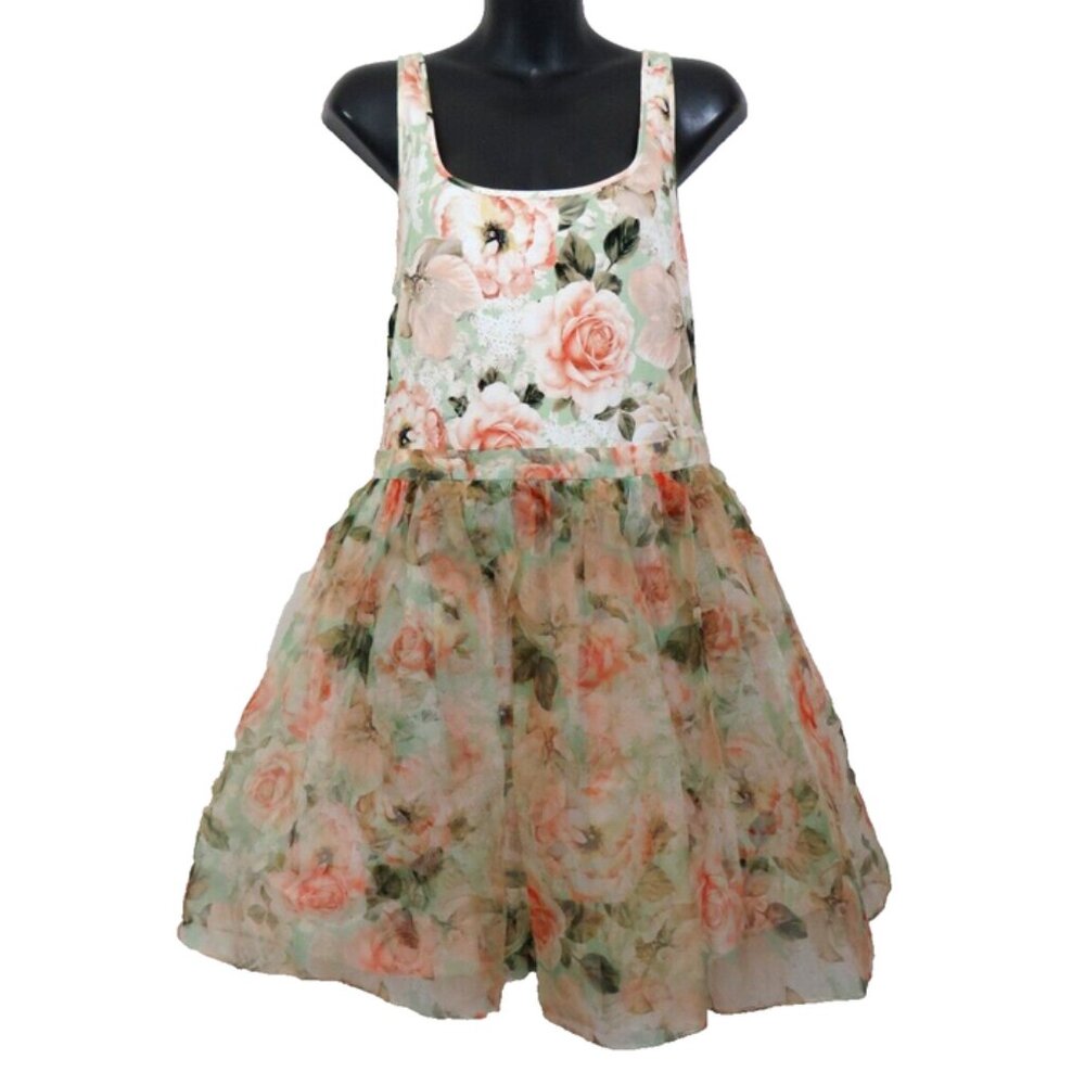 Alice + Olivia Peach Rose Print Scoop-Neck Mini Dress on Mint - Picture 2 of 7